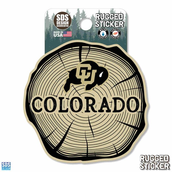 Rugged sticker designed like a tree stump with growth rings, featuring the CU Buffaloes logo and the word “Colorado” in bold black letters.